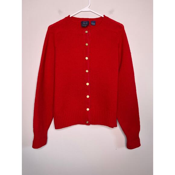 1980s Allen Solly Christmas Red Gold Shetland Wool Old Money Holiday Cardigan M - Picture 1 of 4